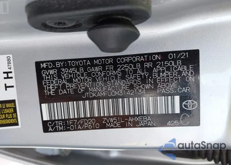 2021 Toyota Prius Le из США, поврежденный, VIN JTDKAMFU0M3142134